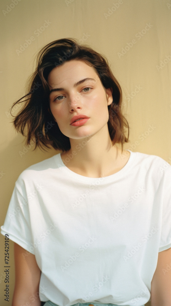 Young pretty cool trendy woman gen z model wearing tshirt looking at camera standing on color background. Face skin care cosmetics makeup, fashion ads. Beauty portrait. White t-shirt mock up template. Young pretty cool trendy woman gen z model wearing tshirt looking at camera standing on color background. Face skin care cosmetics makeup, fashion ads. Beauty portrait. White t-shirt mock up template.