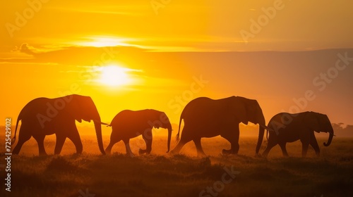 Majestic Sunset Walk of Elephants AI Generated.