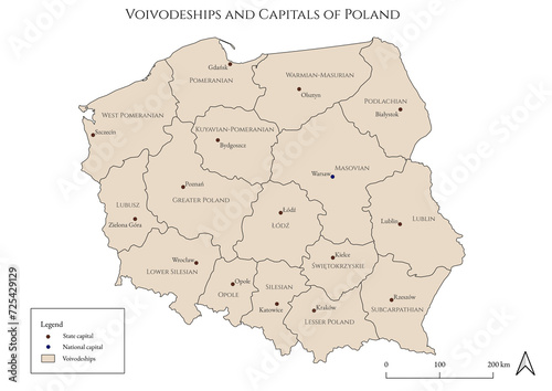 Map of states and capitals of Poland - mapped in an antique and rustic style