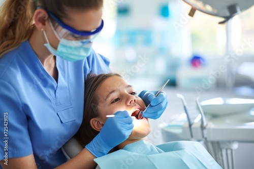 Female dentist at work. Paediatric Dentist, dental care for children concept. Preventive and therapeutic oral health care for kids.
