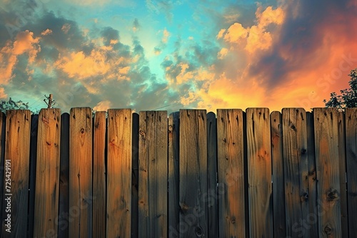 a wooden fence with clouds in the sky