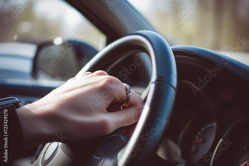 closeup of a ring on a drivers hand on a steering wheel © studioworkstock