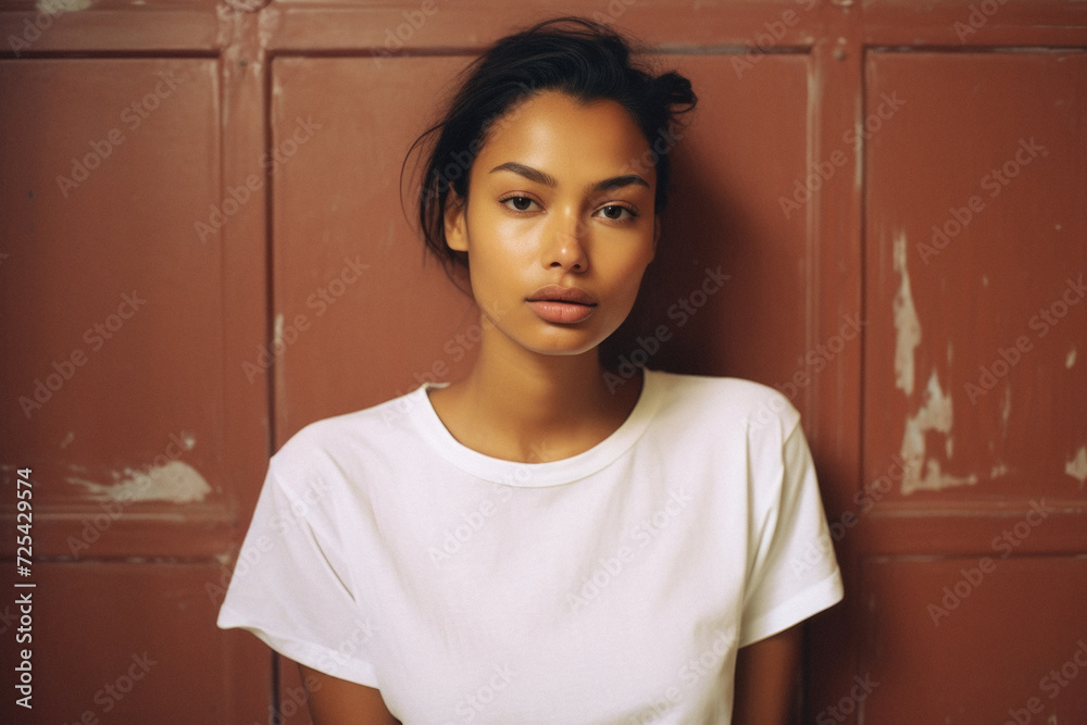 Young pretty cool Indian woman model wearing tshirt looking at camera standing on color background. Face skin care cosmetics makeup, fashion ads. Beauty portrait. White t-shirt mock up template . Young pretty cool Indian woman model wearing tshirt looking at camera standing on color background. Face skin care cosmetics makeup, fashion ads. Beauty portrait. White t-shirt mock up template .