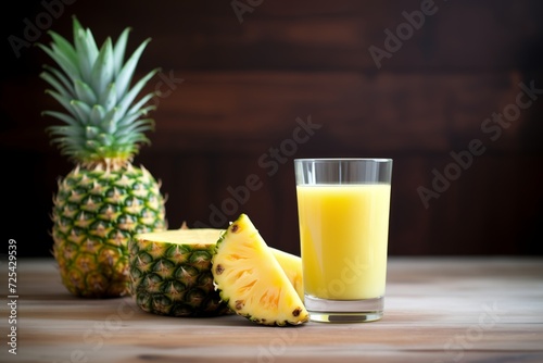 a glass of pineapple juice near a cut pineapple