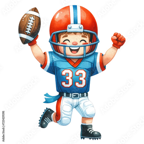 Watercolor cute boy american football player celebrating. American Football competition. American Football element clipart.