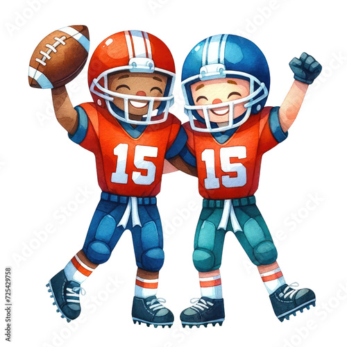 Watercolor two american football players celebrating. American Football competition. American Football element clipart.