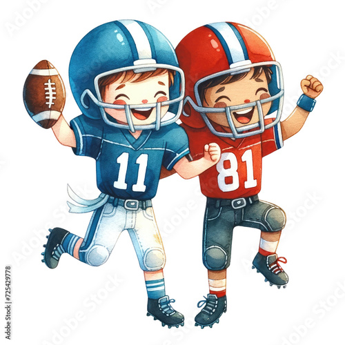 Watercolor two american football players celebrating. American Football competition. American Football element clipart.