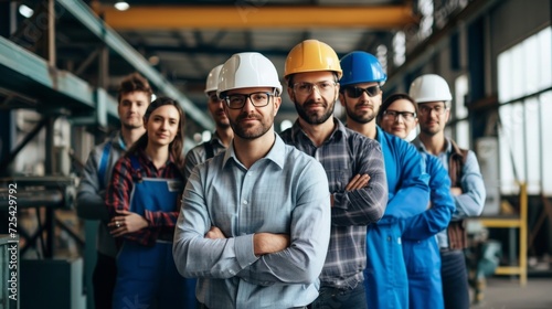 Group of various national engineer professional successful team corporate workers standing in factory. teamwork technician inspector manufacturing industry workplace. photo