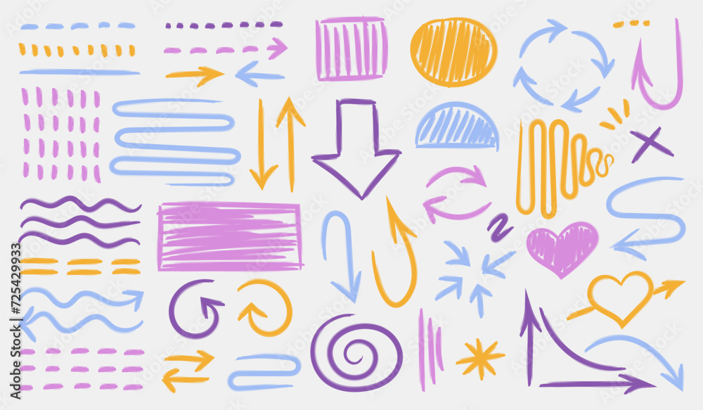 Highlight grunge brush lines, shapes, elements. Big set of hand drawn isolated vector objects on white background. Multicolored doodle strokes. Acid highlighters marker stripes, underlines for any use Highlight grunge brush lines, shapes, elements. Big set of hand drawn isolated vector objects on white background. Multicolored doodle strokes. Acid highlighters marker stripes, underlines for any use