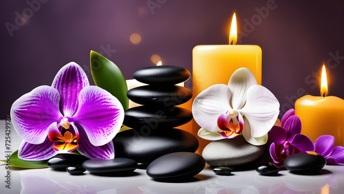 concept of wellbeing with pebbles orchids and candles