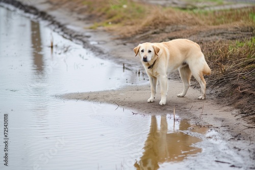 dog looking confused on a small dry spot surrounded by water