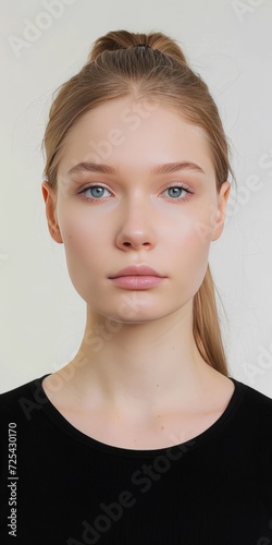 Portrait of beautiful young women with pony tail wearing simple black t-shirt, simple grey studio background. Nude makeup look, natural light skin tone. Generative AI.