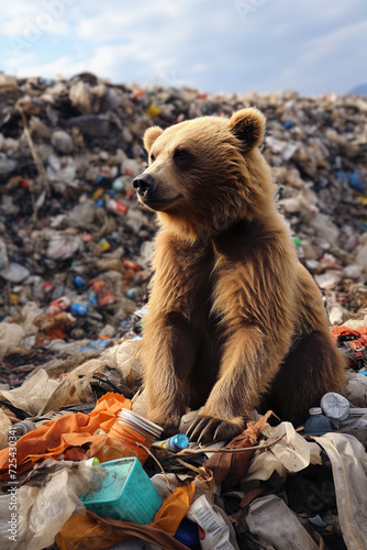 Close-up of a bear at a landfill getting food for itself. Mountains of garbage in the background.