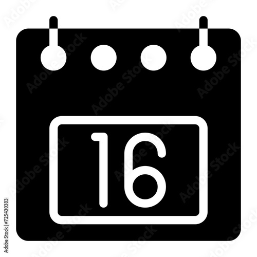 Calendar icon, date 16 design solid style vector illustration. Flat design style, black color. can be used for website, app mobile and software interfaces