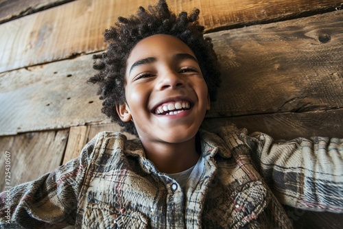 a boy lying on a wood floor smiling