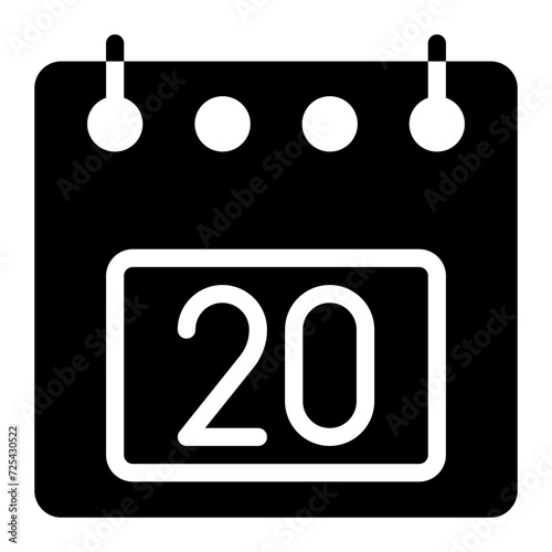 Calendar icon, date 20 design solid style vector illustration. Flat design style, black color. can be used for website, app mobile and software interfaces