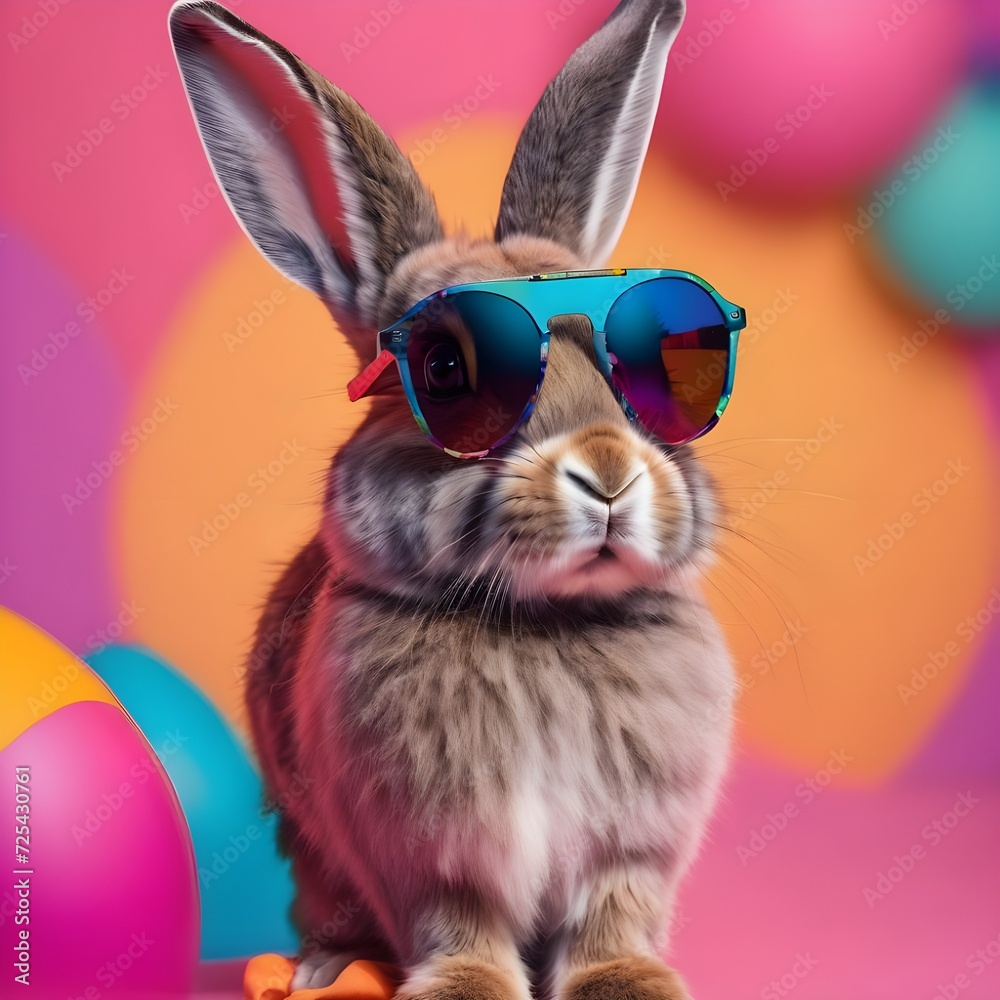 Cool bunny with sunglasses on colorful background