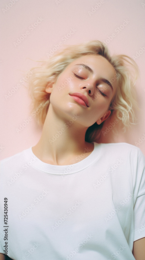 Young adult pretty woman beauty model wearing white t-shirt posing with eyes closed on color background. Face flawless fresh skin hair care cosmetic treatment makeup products skincare ads . Young adult pretty woman beauty model wearing white t-shirt posing with eyes closed on color background. Face flawless fresh skin hair care cosmetic treatment makeup products skincare ads .