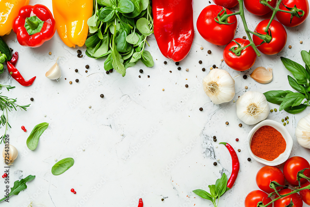Top view of fresh foods and spices vegetables