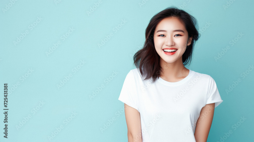 Young happy smiling Asian woman model wearing tshirt looking at camera on color background. Face skin hair care korean cosmetic and makeup, fashion ads. Beauty portrait. White t-shirt mock up template Young happy smiling Asian woman model wearing tshirt looking at camera on color background. Face skin hair care korean cosmetic and makeup, fashion ads. Beauty portrait. White t-shirt mock up template
