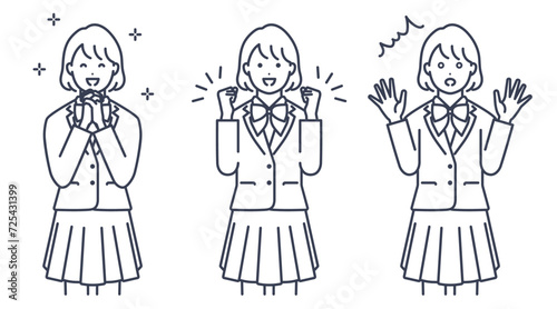 制服を着た女子学生のリアクション。ベクターイラスト素材セット