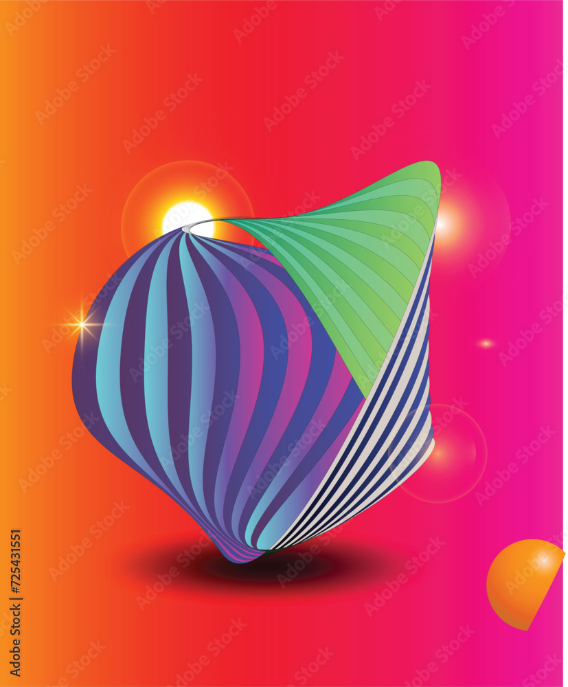 Abstract striped object with 3d sphere. bright colors. Vector illustration of an object with a wavy striped pattern. Modern cover concept. Decoration element for banner design