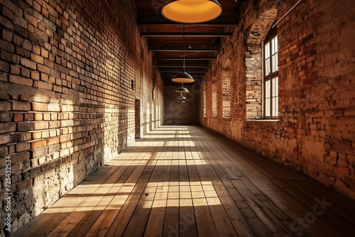 a long brick hallway with lights from the ceiling photo