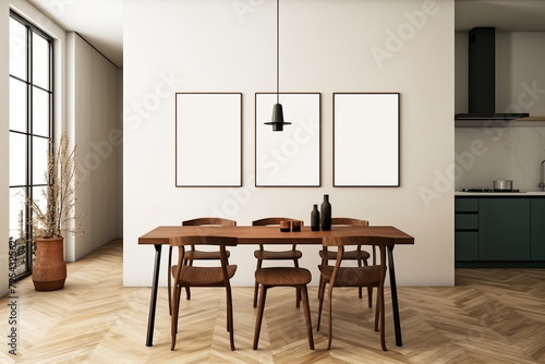 Minimalist dining room design combines comfort, a vibrant houseplant, and wall art to create a cozy, modern, and inviting ambiance. Made with generative AI technology