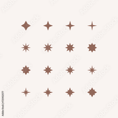Set of 16 geometric shape - eight pointed stars. Modern linear design sign.