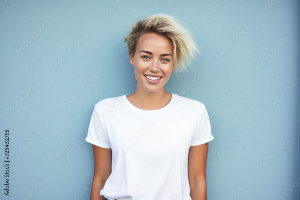 Young happy woman, smiling gen z girl model wearing tshirt looking at camera standing on color background. Face skin care cosmetics makeup, fashion ads. Beauty portrait. White t-shirt mock up template - obrazy, fototapety, plakaty 