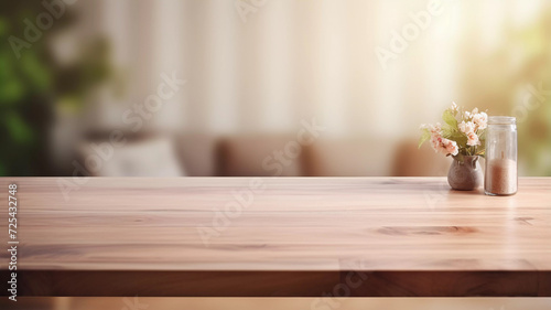 Minimal Cozy Counter Romantic Clear Mockup. Usable for product presentation background. Wood top counter and warm white wall with vase plant.