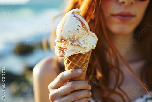 a woman holding an ice cream cone