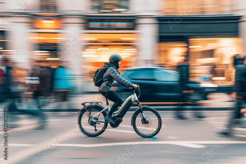 Speeding Through the City: Urban Cyclist on Electric Bike Amidst Rush Hour