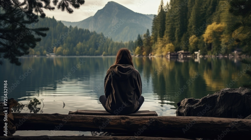 Woman meditating on the lake