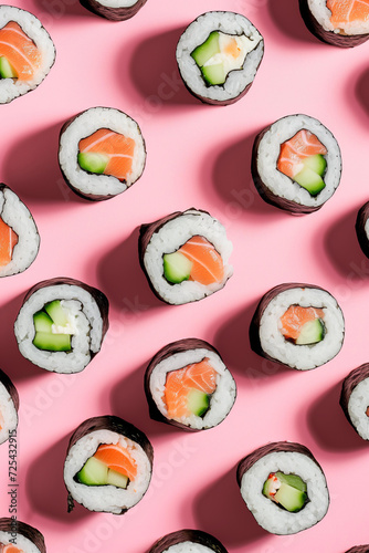  beautiful sushi rolls pattern top view isolated on pastel pink background