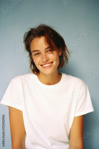Young happy woman, smiling gen z girl model wearing tshirt looking at camera standing on color background. Face skin care cosmetics makeup, fashion ads. Beauty portrait. White t-shirt mock up template © Synthetica