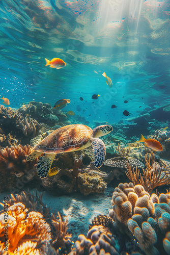 beautiful tropical underwater closeup landscape. sea ​​turtle, fish, corals, starfish, algae . pastel colors. sun and shadow