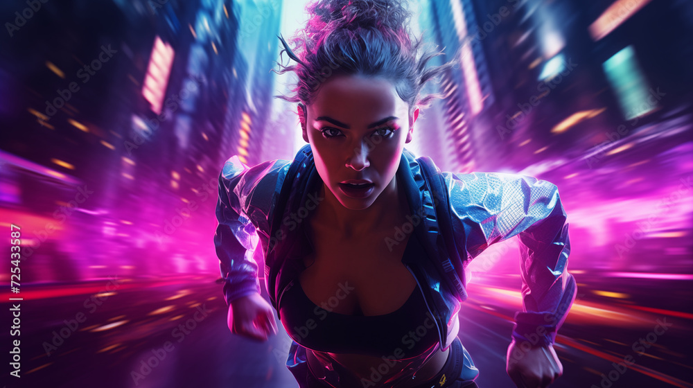 Cyberpunk Athlete Woman Runner Running on Road. Extremely detailed hyper realistic sport poster concept.