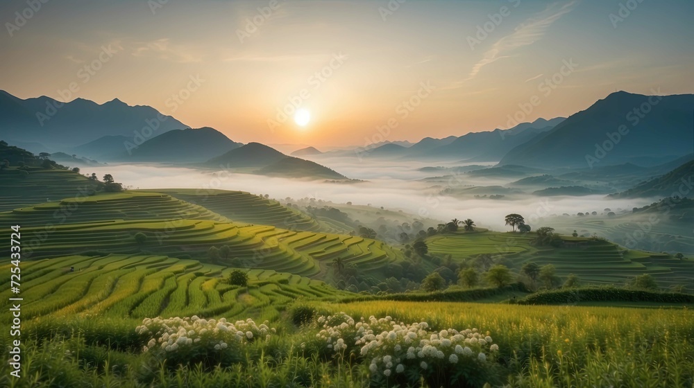 Beautiful panoramic landscape of a terrace fields with foreground is small colorful spring flowers and background is mountains in fog. North Vietnam at the amazing sunset