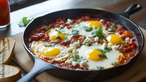 Shakshuka with fried eggs and tomato sauce in a frying pan. AI.