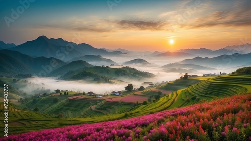 Beautiful panoramic landscape of a terrace fields with foreground is small colorful spring flowers and background is mountains in fog. North Vietnam at the amazing sunset photo