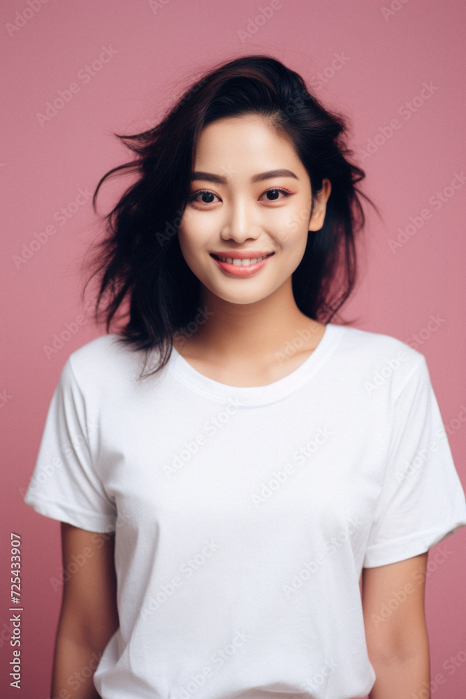 Young happy smiling Asian woman model wearing tshirt looking at camera on color background. Face skin hair care korean cosmetic and makeup, fashion ads. Beauty portrait. White t-shirt mock up template Young happy smiling Asian woman model wearing tshirt looking at camera on color background. Face skin hair care korean cosmetic and makeup, fashion ads. Beauty portrait. White t-shirt mock up template