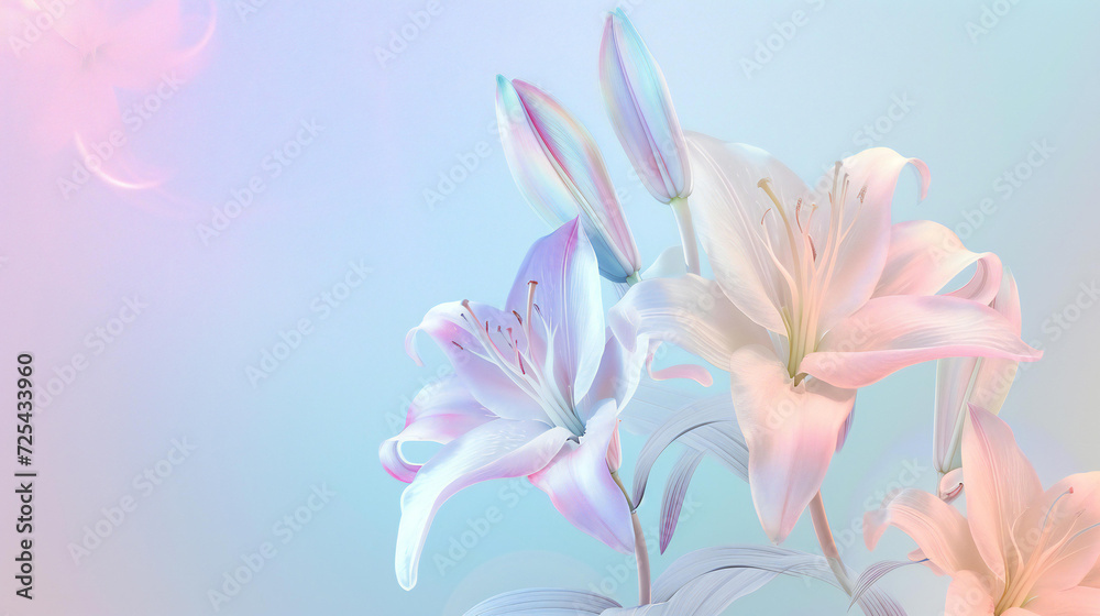 Minimal surrealism background with lilies in pastel holographic colors with gradient.