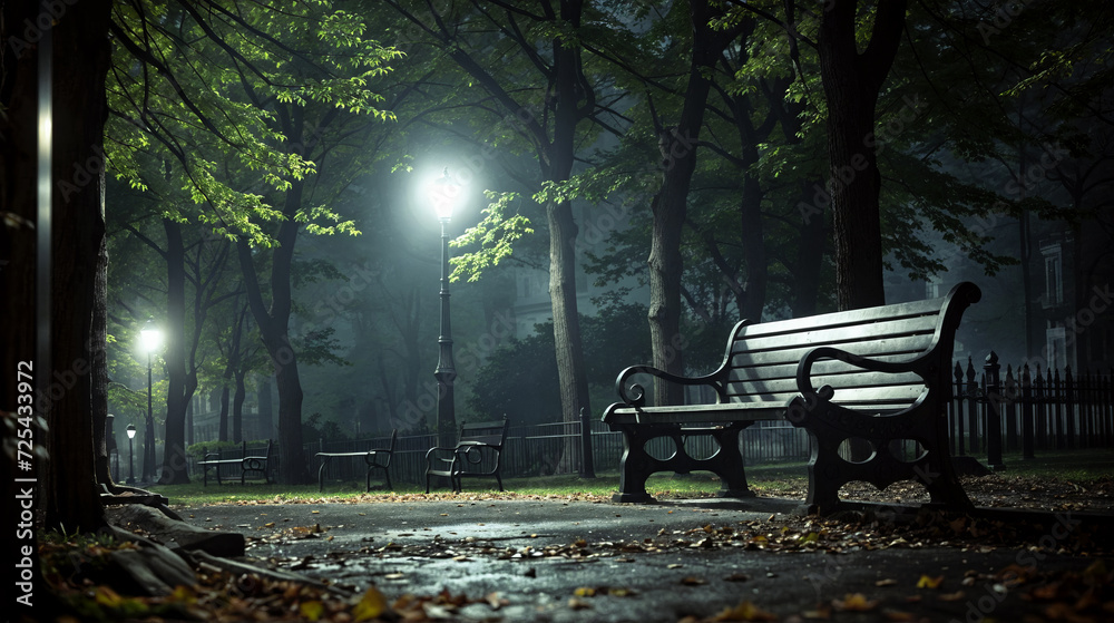 bench in the park at night created with Generative AI technology
