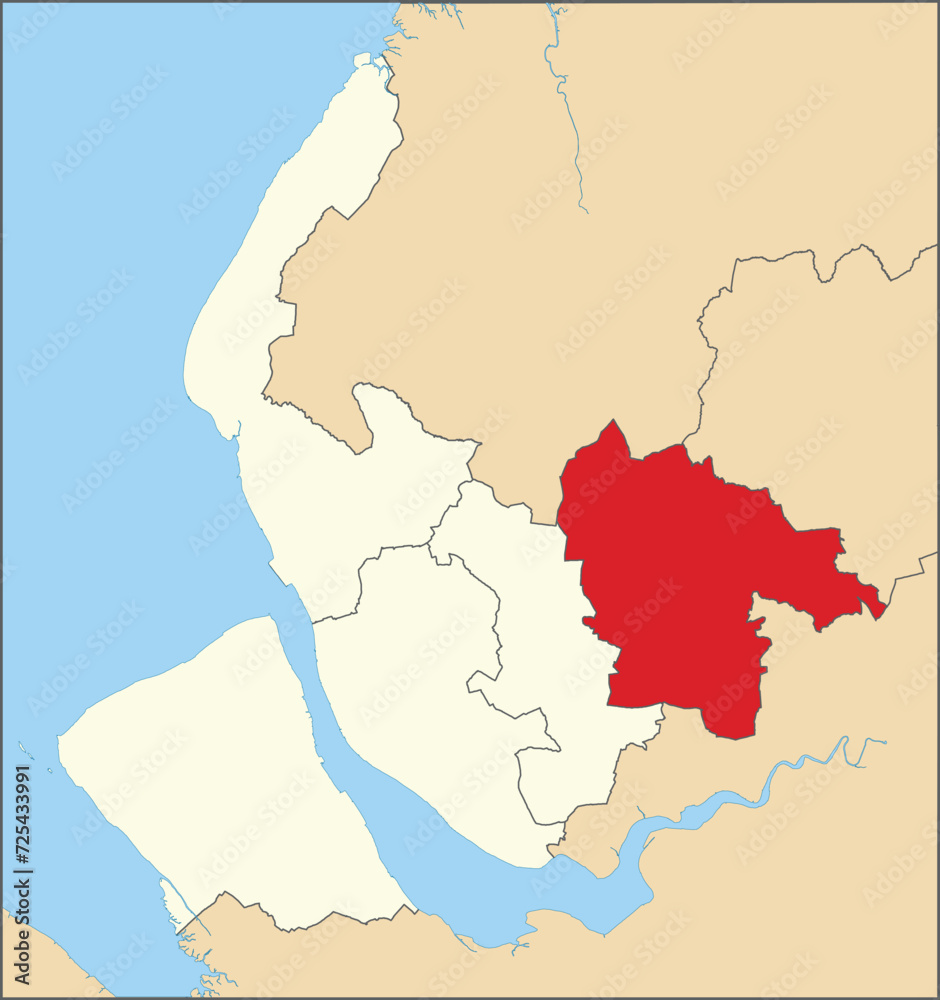 Red flat blank highlighted location map of the METROPOLITAN BOROUGH OF ST HELENS inside beige administrative local authority districts map of Merseyside, England