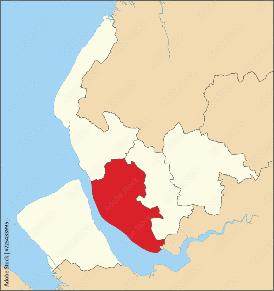 Red flat blank highlighted location map of the METROPOLITAN BOROUGH OF LIVERPOOL inside beige administrative local authority districts map of Merseyside, England