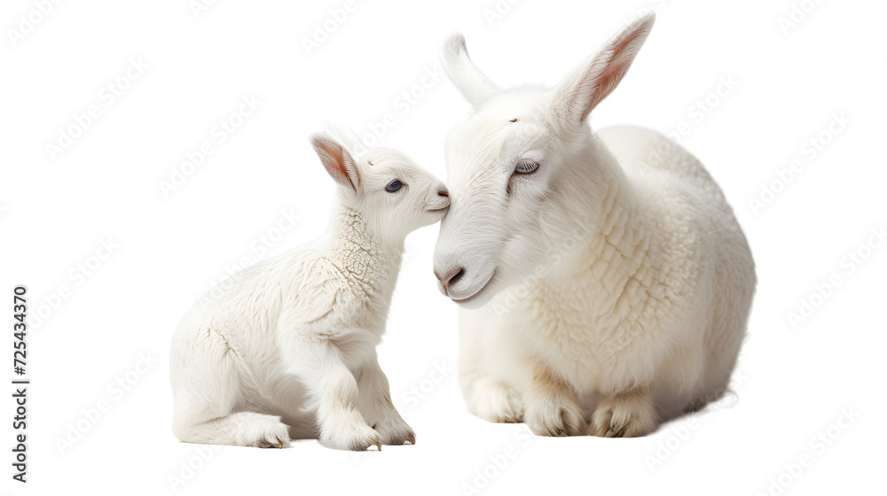 A White Goat and Baby Goat Sitting Together A White Goat and Baby Goat Sitting Together
