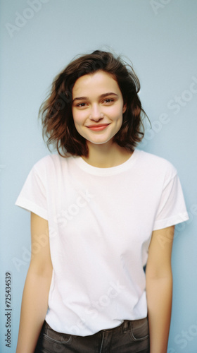 Young happy woman  smiling gen z girl model wearing tshirt looking at camera standing on color background. Face skin care cosmetics makeup  fashion ads. Beauty portrait. White t-shirt mock up template