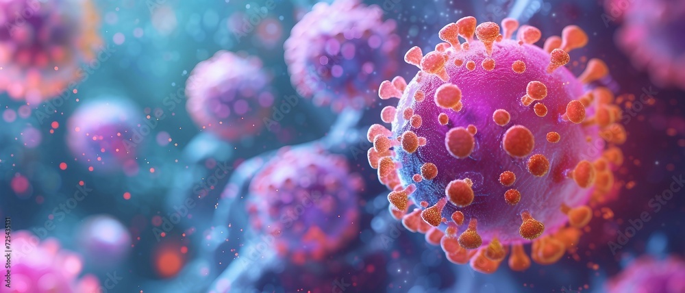 Hepatitis C Virus in Liver Cells Environment , Macro Close-Up with Color Contrast to Emphasize Impact . Hepatitis C Virus in Liver Cells Environment , Macro Close-Up with Color Contrast to Emphasize Impact .