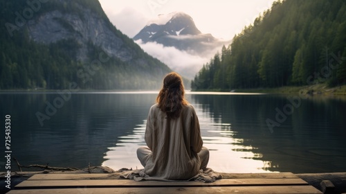 Woman meditating on the lake